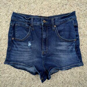 Kendall & Kylie Cut Off Blue Denim Shorts Size 5/27 w Logo Jorts Distressed